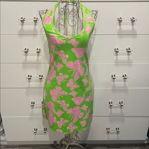 Lilly Pulitzer Vintage “Karlo” Print Pink & Green Halter Mini Dress, size XS